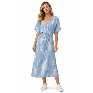 Lezat Joey Maxi Dress Size M Indigo Wave Kimono Sleeve Blue White V-neckline